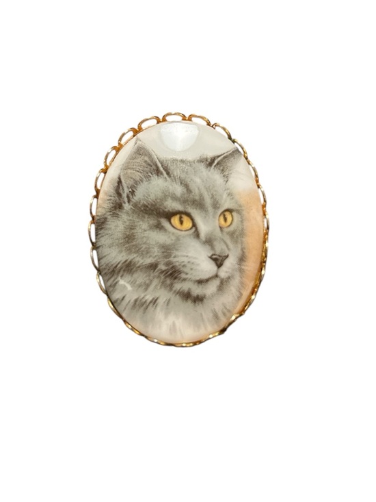 Vintage Jewelry - Vintage Gray Persian Cat Portrait Cameo Brooch with Gold Filigree Border